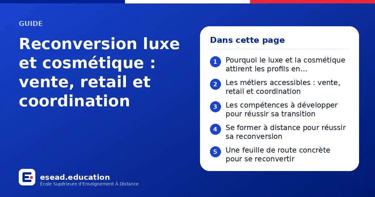 Infographie : Reconversion luxe et cosmétique : vente, retail et coordination — 1. Pourquoi le luxe et la cosmétique attirent les profils en reconversion ; 2. Les métiers accessibles : vente, retail et coordination ; 3. Les compétences à dé