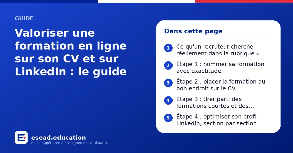Infographie : Valoriser une formation en ligne sur son CV et sur LinkedIn : le guide — 1. Ce qu'un recruteur cherche réellement dans la rubrique « Formation » ; 2. Étape 1 : nommer sa formation avec exactitude ; 3. Étape 2 : placer la forma
