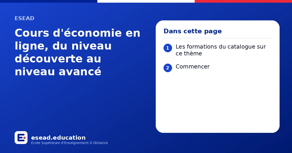 Infographie : Cours d'économie en ligne, du niveau découverte au niveau avancé — 1. Les formations du catalogue sur ce thème ; 2. Commencer