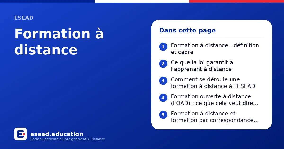 Infographie : Formation à distance — 1. Formation à distance : définition et cadre ; 2. Ce que la loi garantit à l'apprenant à distance ; 3. Comment se déroule une formation à distance à l'ESEAD ; 4. Formation ouverte à distance (FOAD) : ce