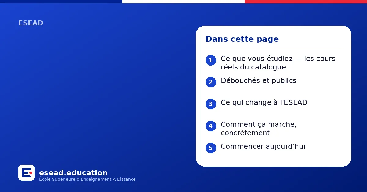 Infographie :  — 1. Ce que vous étudiez — les cours réels du catalogue ; 2. Débouchés et publics ; 3. Ce qui change à l'ESEAD ; 4. Comment ça marche, concrètement ; 5. Commencer aujourd'hui