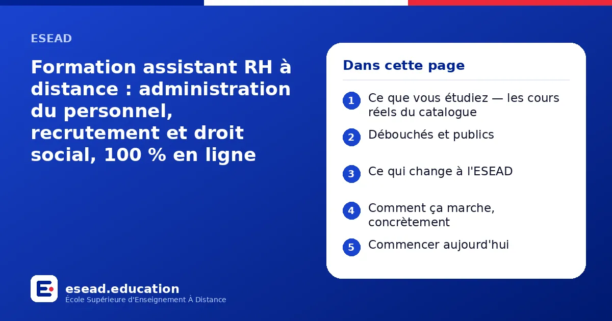 Infographie : Formation assistant RH à distance : administration du personnel, recrutement et droit social, 100 % en ligne — 1. Ce que vous étudiez — les cours réels du catalogue ; 2. Débouchés et publics ; 3. Ce qui change à l'ESEAD ; 4. C