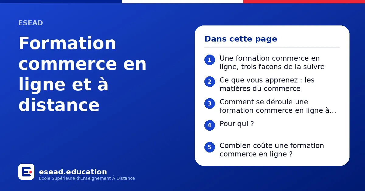 Infographie : Formation commerce en ligne et à distance — 1. Une formation commerce en ligne, trois façons de la suivre ; 2. Ce que vous apprenez : les matières du commerce ; 3. Comment se déroule une formation commerce en ligne à l'ESEAD ;