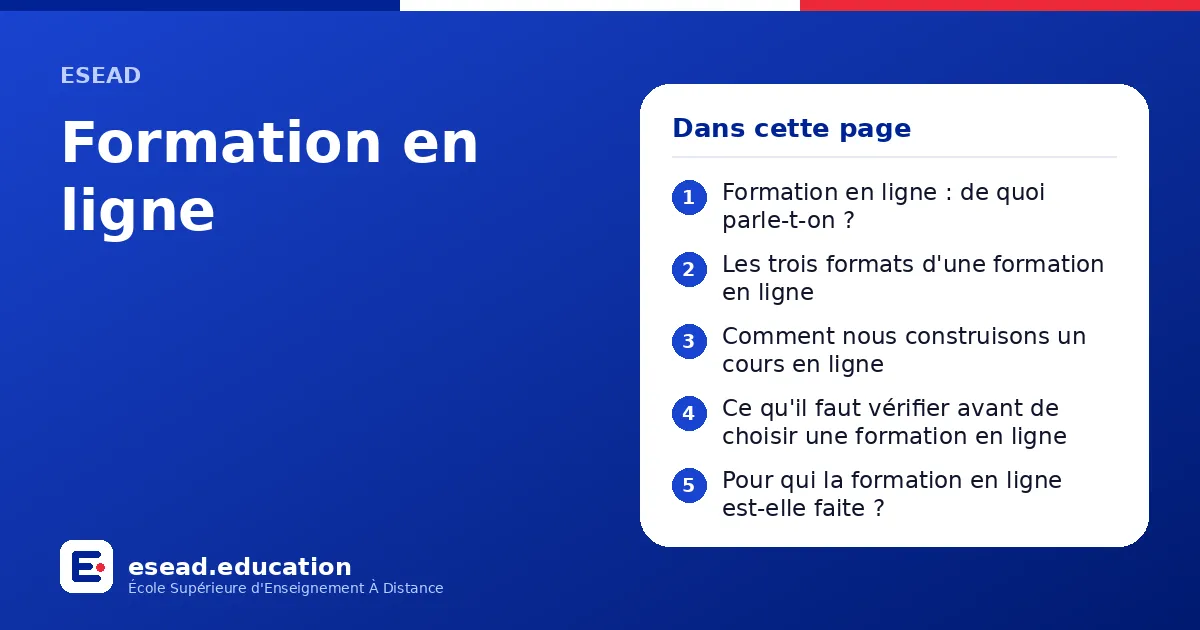 Infographie : Formation en ligne — 1. Formation en ligne : de quoi parle-t-on ? ; 2. Les trois formats d'une formation en ligne ; 3. Comment nous construisons un cours en ligne ; 4. Ce qu'il faut vérifier avant de choisir une formation en l