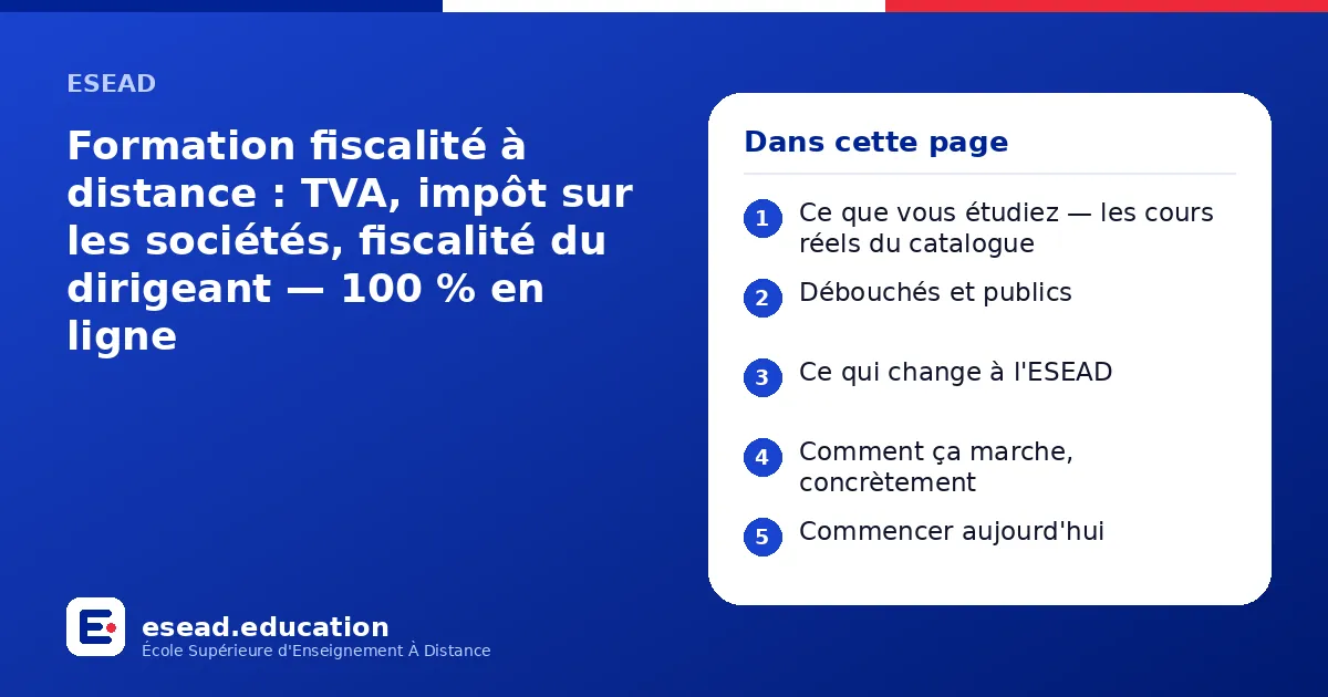 Infographie : Formation fiscalité à distance : TVA, impôt sur les sociétés, fiscalité du dirigeant — 100 % en ligne — 1. Ce que vous étudiez — les cours réels du catalogue ; 2. Débouchés et publics ; 3. Ce qui change à l'ESEAD ; 4. Comment 