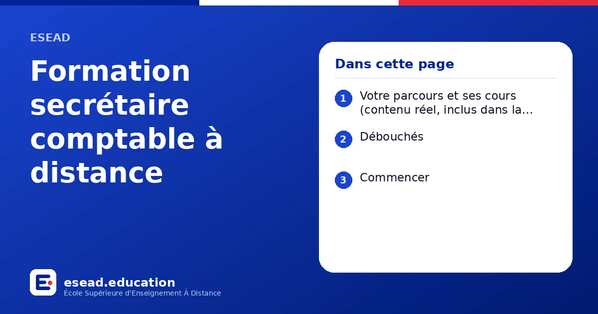 Infographie : Formation secrétaire comptable à distance — 1. Votre parcours et ses cours (contenu réel, inclus dans la scolarité) ; 2. Débouchés ; 3. Commencer