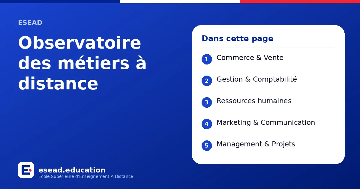 Infographie : Observatoire des métiers à distance — 1. Commerce & Vente ; 2. Gestion & Comptabilité ; 3. Ressources humaines ; 4. Marketing & Communication ; 5. Management & Projets