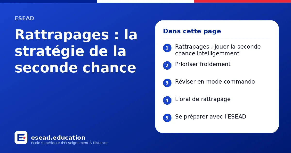 Infographie : Rattrapages : la stratégie de la seconde chance — 1. Rattrapages : jouer la seconde chance intelligemment ; 2. Prioriser froidement ; 3. Réviser en mode commando ; 4. L'oral de rattrapage ; 5. Se préparer avec l'ESEAD