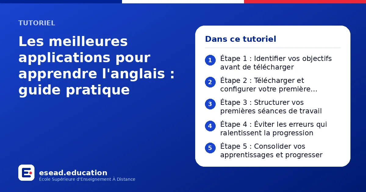 Infographie : Les meilleures applications pour apprendre l'anglais : guide pratique — 1. Étape 1 : Identifier vos objectifs avant de télécharger ; 2. Étape 2 : Télécharger et configurer votre première application ; 3. Étape 3 : Structurer v