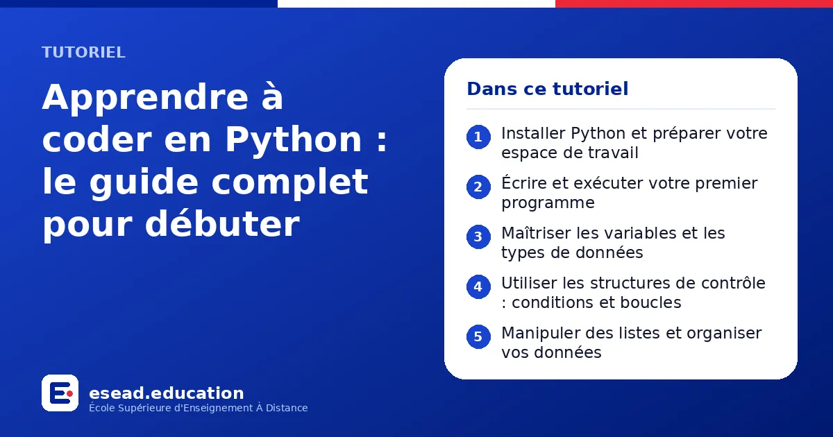 Infographie : Apprendre à coder en Python : le guide complet pour débuter — 1. Installer Python et préparer votre espace de travail ; 2. Écrire et exécuter votre premier programme ; 3. Maîtriser les variables et les types de données ; 4. Ut