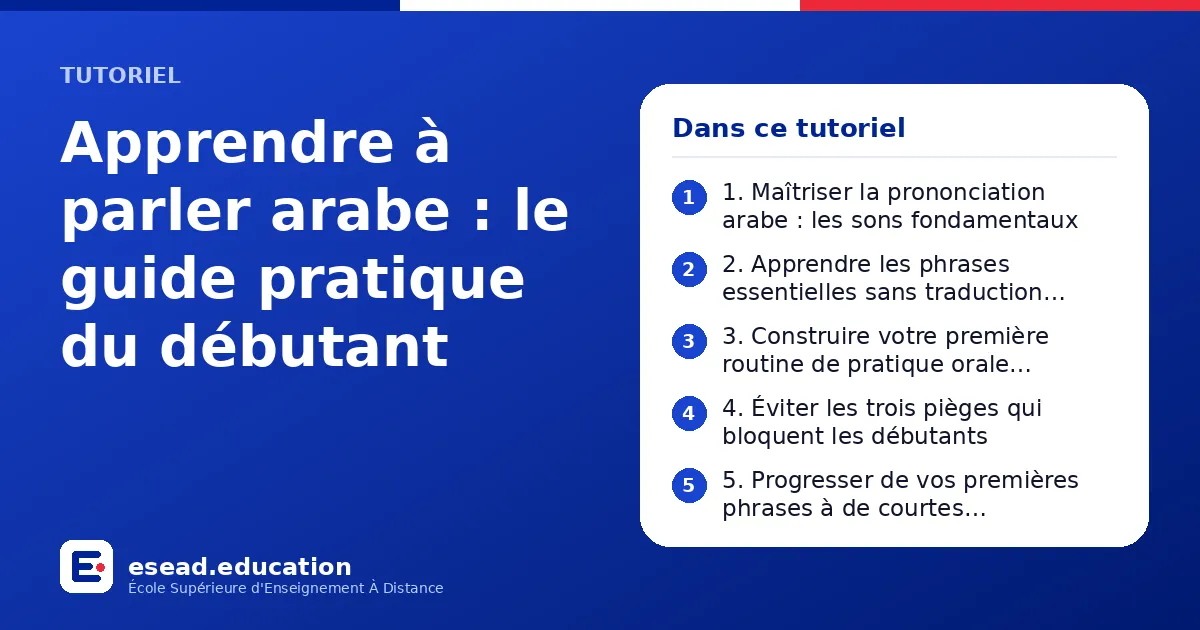 Infographie : Apprendre à parler arabe : le guide pratique du débutant — 1. 1. Maîtriser la prononciation arabe : les sons fondamentaux ; 2. 2. Apprendre les phrases essentielles sans traduction mécanique ; 3. 3. Construire votre première r