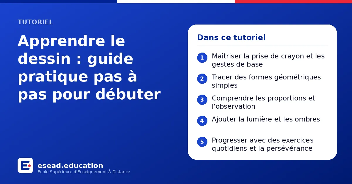 Infographie : Apprendre le dessin : guide pratique pas à pas pour débuter — 1. Maîtriser la prise de crayon et les gestes de base ; 2. Tracer des formes géométriques simples ; 3. Comprendre les proportions et l'observation ; 4. Ajouter la l