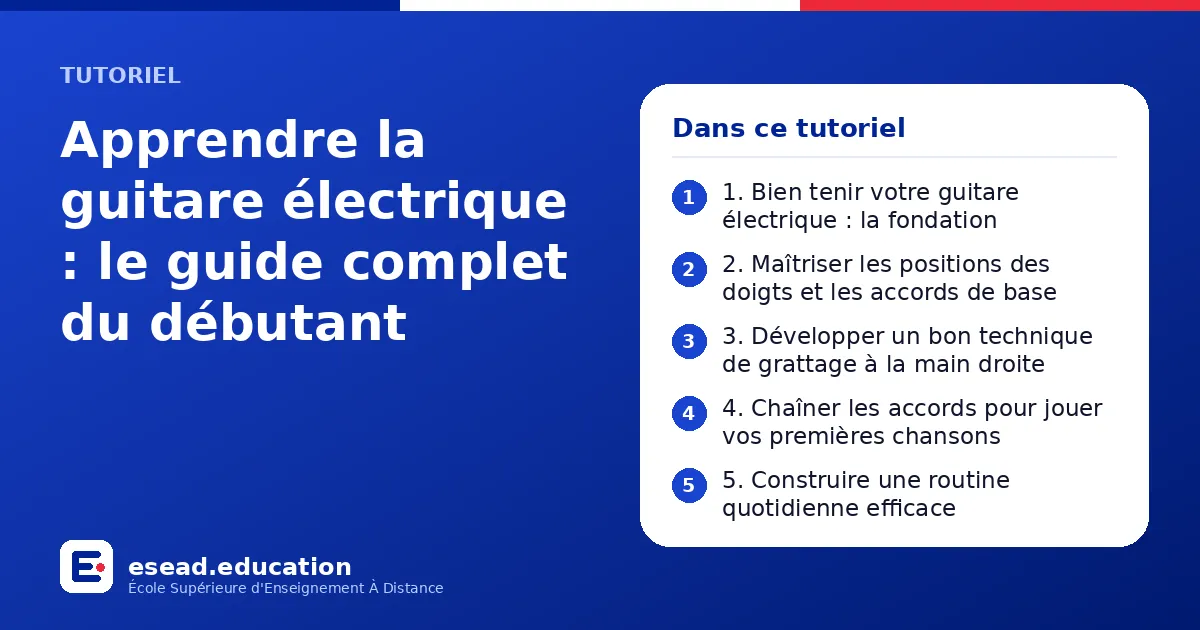 Infographie : Apprendre la guitare électrique : le guide complet du débutant — 1. 1. Bien tenir votre guitare électrique : la fondation ; 2. 2. Maîtriser les positions des doigts et les accords de base ; 3. 3. Développer un bon technique de
