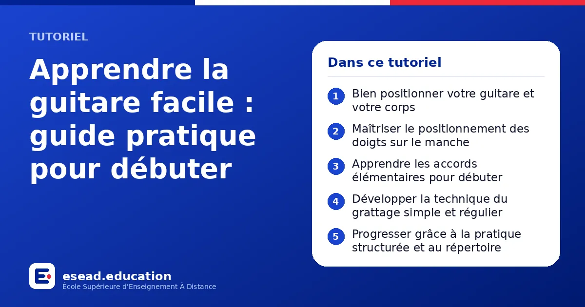 Infographie : Apprendre la guitare facile : guide pratique pour débuter — 1. Bien positionner votre guitare et votre corps ; 2. Maîtriser le positionnement des doigts sur le manche ; 3. Apprendre les accords élémentaires pour débuter ; 4. D