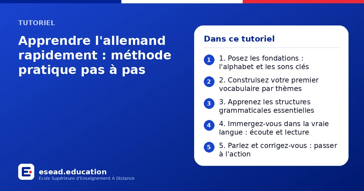 Infographie : Apprendre l'allemand rapidement : méthode pratique pas à pas — 1. 1. Posez les fondations : l'alphabet et les sons clés ; 2. 2. Construisez votre premier vocabulaire par thèmes ; 3. 3. Apprenez les structures grammaticales ess