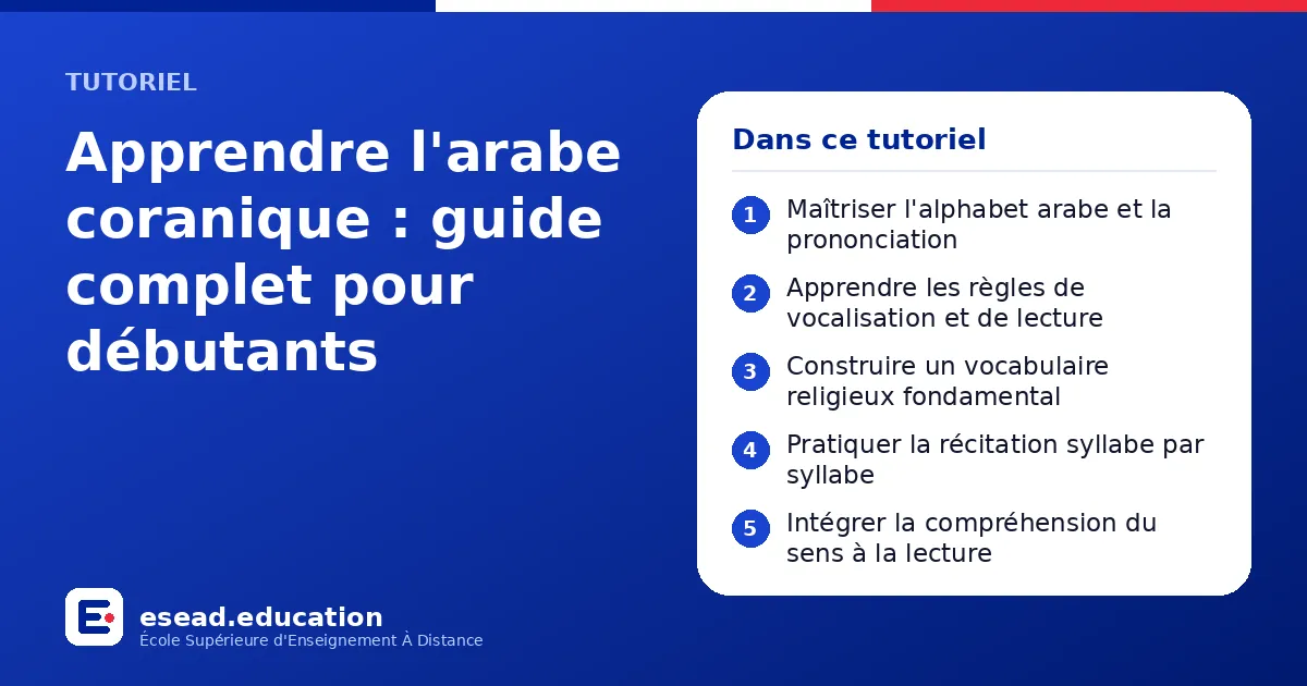 Infographie : Apprendre l'arabe coranique : guide complet pour débutants — 1. Maîtriser l'alphabet arabe et la prononciation ; 2. Apprendre les règles de vocalisation et de lecture ; 3. Construire un vocabulaire religieux fondamental ; 4. P