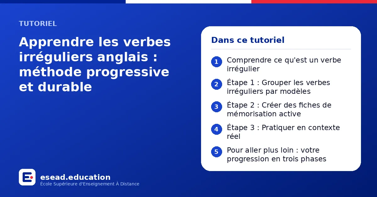 Infographie : Apprendre les verbes irréguliers anglais : méthode progressive et durable — 1. Comprendre ce qu'est un verbe irrégulier ; 2. Étape 1 : Grouper les verbes irréguliers par modèles ; 3. Étape 2 : Créer des fiches de mémorisation 