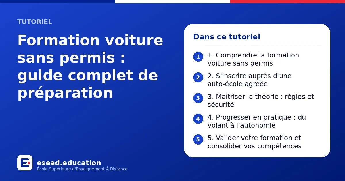 Infographie : Formation voiture sans permis : guide complet de préparation — 1. 1. Comprendre la formation voiture sans permis ; 2. 2. S'inscrire auprès d'une auto-école agréée ; 3. 3. Maîtriser la théorie : règles et sécurité ; 4. 4. Progr