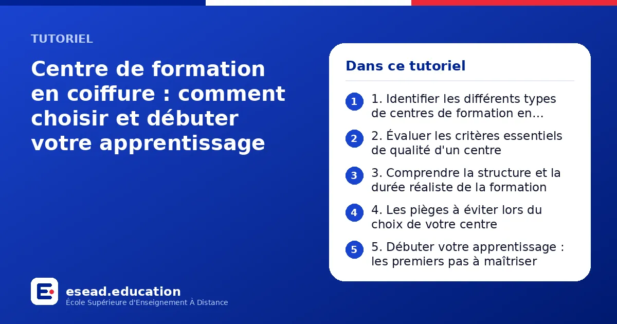 Infographie : Centre de formation en coiffure : comment choisir et débuter votre apprentissage — 1. 1. Identifier les différents types de centres de formation en coiffure ; 2. 2. Évaluer les critères essentiels de qualité d'un centre ; 3. 3