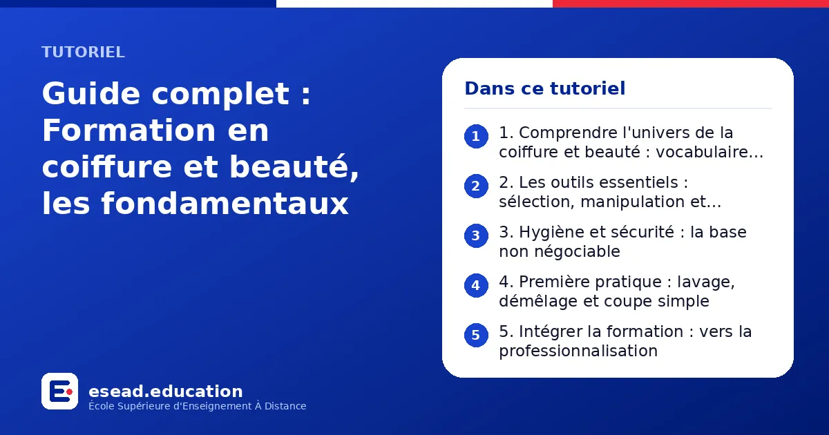 Infographie : Guide complet : Formation en coiffure et beauté, les fondamentaux — 1. 1. Comprendre l'univers de la coiffure et beauté : vocabulaire et posture ; 2. 2. Les outils essentiels : sélection, manipulation et maintenance ; 3. 3. Hy