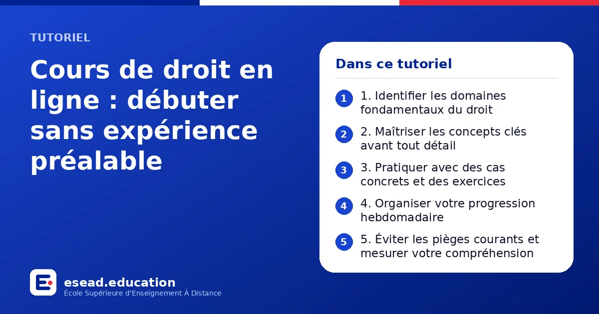 Infographie : Cours de droit en ligne : débuter sans expérience préalable — 1. 1. Identifier les domaines fondamentaux du droit ; 2. 2. Maîtriser les concepts clés avant tout détail ; 3. 3. Pratiquer avec des cas concrets et des exercices ;