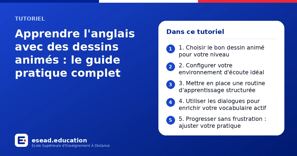 Infographie : Apprendre l'anglais avec des dessins animés : le guide pratique complet — 1. 1. Choisir le bon dessin animé pour votre niveau ; 2. 2. Configurer votre environnement d'écoute idéal ; 3. 3. Mettre en place une routine d'apprenti