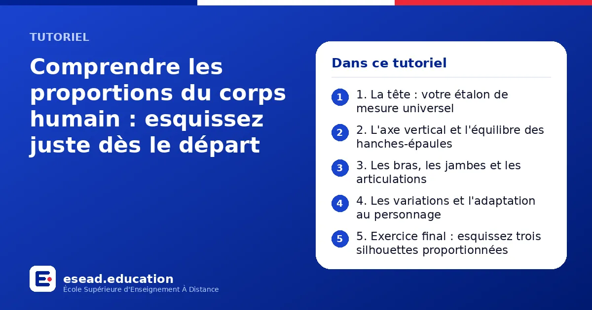 Infographie : Comprendre les proportions du corps humain : esquissez juste dès le départ — 1. 1. La tête : votre étalon de mesure universel ; 2. 2. L'axe vertical et l'équilibre des hanches-épaules ; 3. 3. Les bras, les jambes et les articu