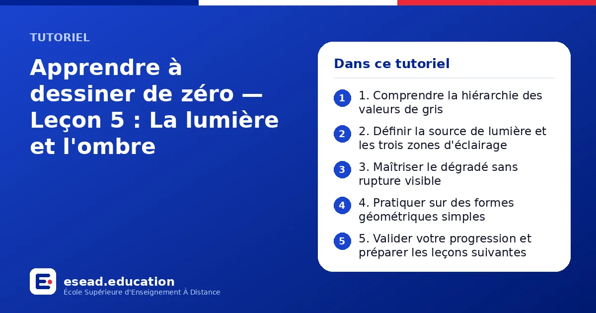 Infographie : Apprendre à dessiner de zéro — Leçon 5 : La lumière et l'ombre — 1. 1. Comprendre la hiérarchie des valeurs de gris ; 2. 2. Définir la source de lumière et les trois zones d'éclairage ; 3. 3. Maîtriser le dégradé sans rupture