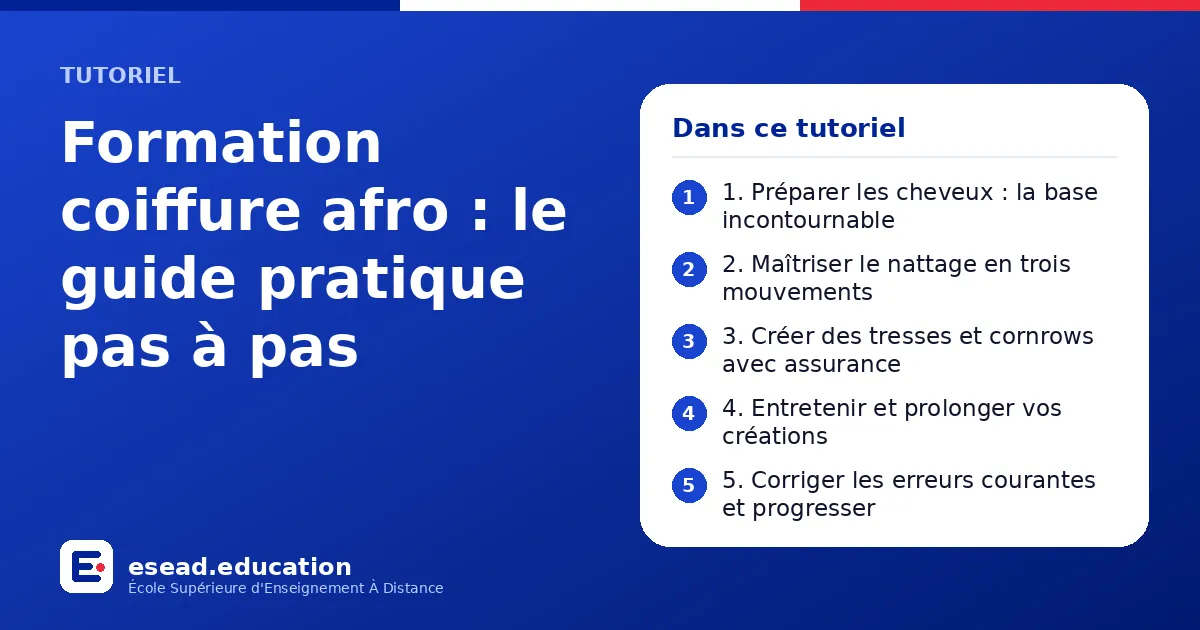 Infographie : Formation coiffure afro : le guide pratique pas à pas — 1. 1. Préparer les cheveux : la base incontournable ; 2. 2. Maîtriser le nattage en trois mouvements ; 3. 3. Créer des tresses et cornrows avec assurance ; 4. 4. Entreten