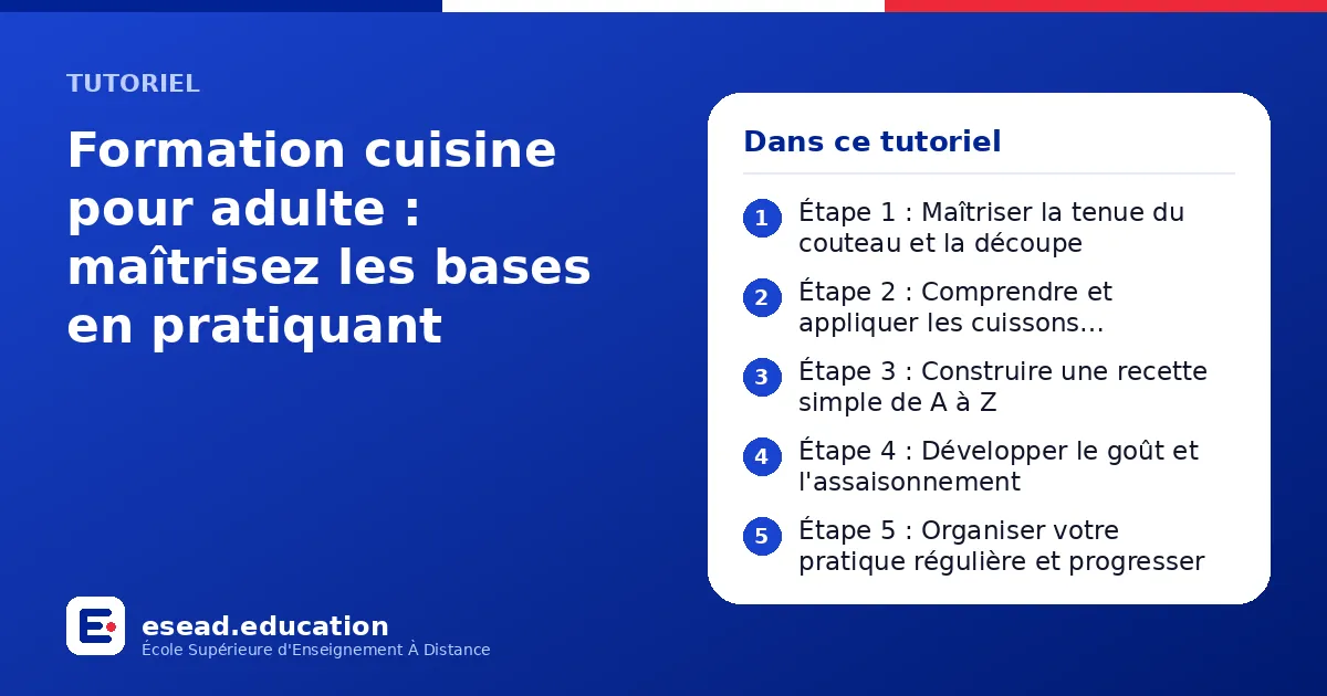 Infographie : Formation cuisine pour adulte : maîtrisez les bases en pratiquant — 1. Étape 1 : Maîtriser la tenue du couteau et la découpe ; 2. Étape 2 : Comprendre et appliquer les cuissons fondamentales ; 3. Étape 3 : Construire une recet