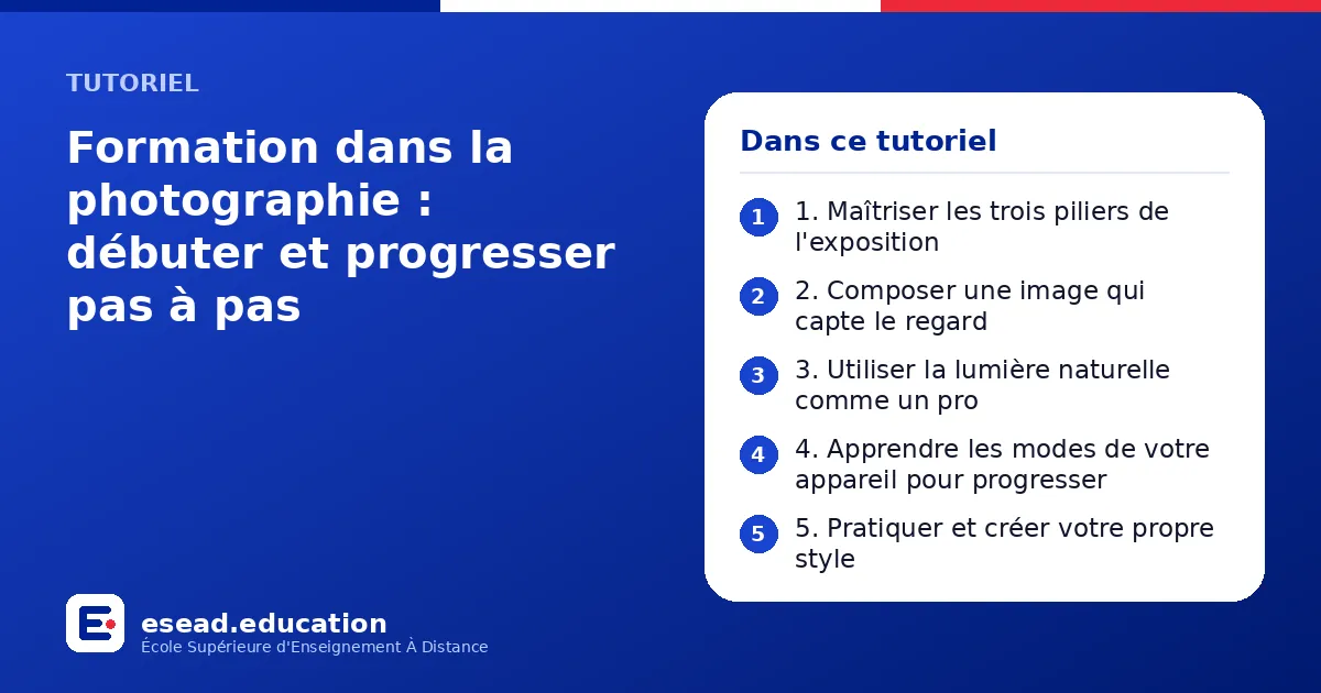 Infographie : Formation dans la photographie : débuter et progresser pas à pas — 1. 1. Maîtriser les trois piliers de l'exposition ; 2. 2. Composer une image qui capte le regard ; 3. 3. Utiliser la lumière naturelle comme un pro ; 4. 4. App
