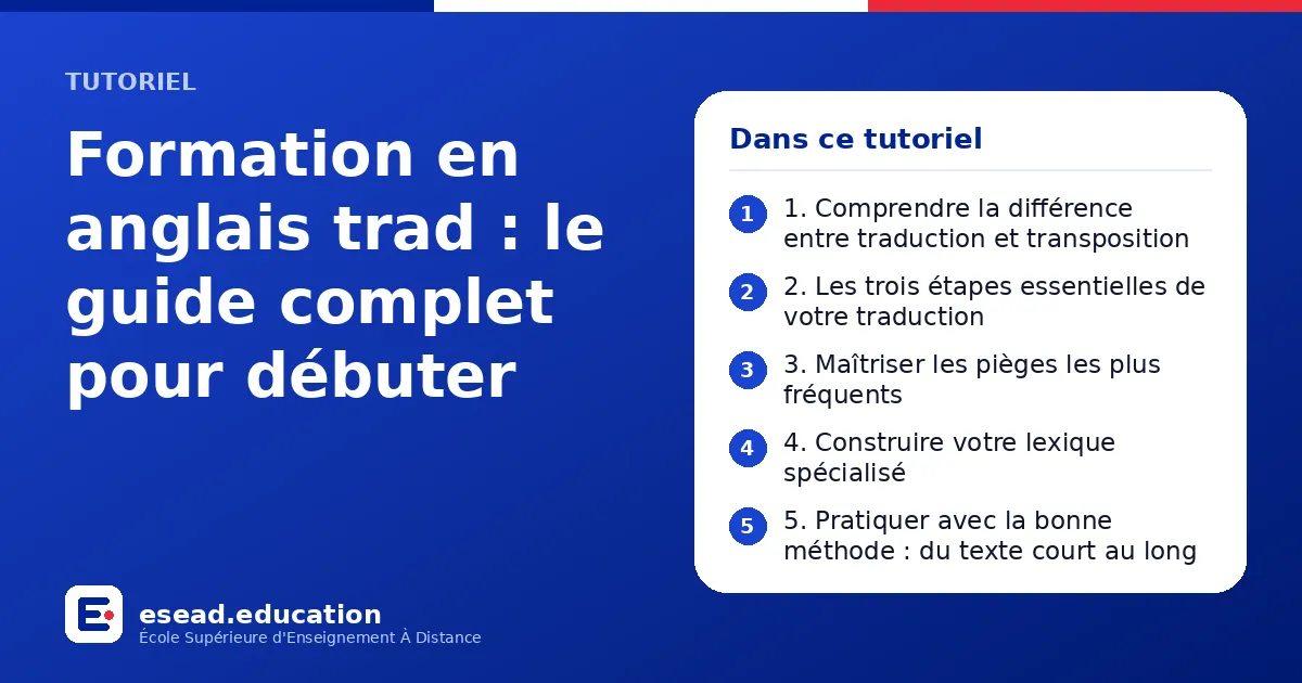 Infographie : Formation en anglais trad : le guide complet pour débuter — 1. 1. Comprendre la différence entre traduction et transposition ; 2. 2. Les trois étapes essentielles de votre traduction ; 3. 3. Maîtriser les pièges les plus fréqu