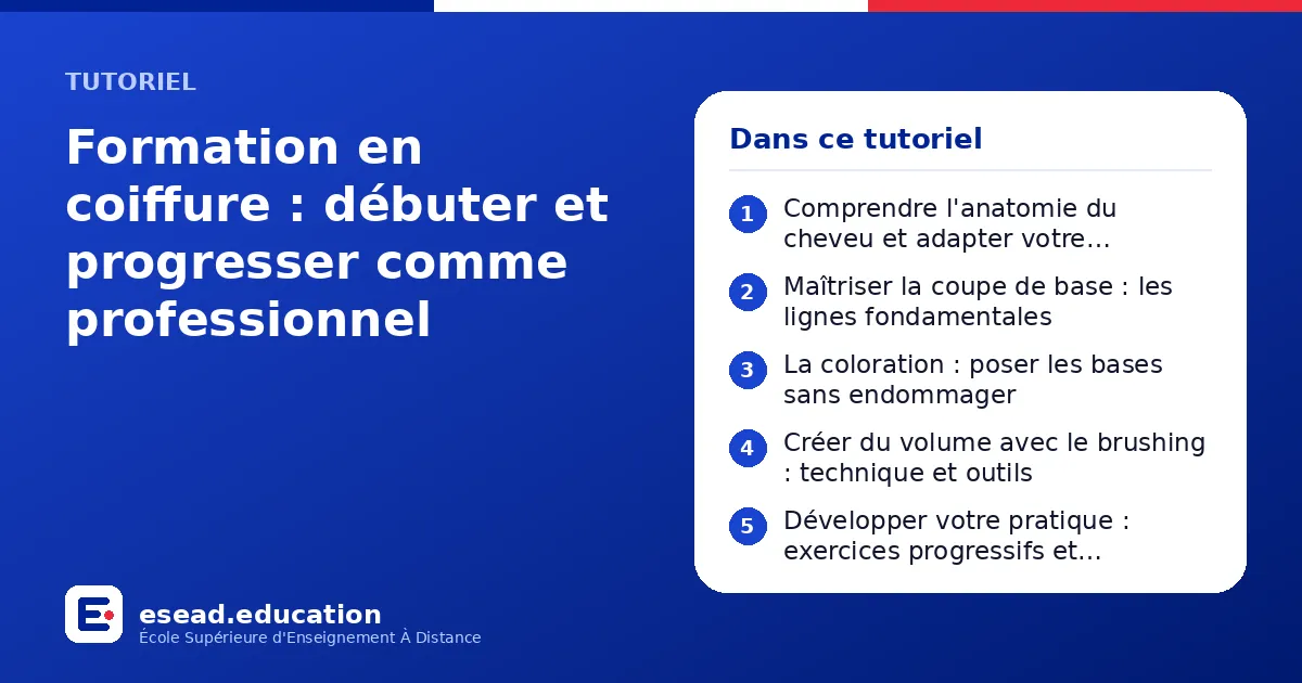 Infographie : Formation en coiffure : débuter et progresser comme professionnel — 1. Comprendre l'anatomie du cheveu et adapter votre approche ; 2. Maîtriser la coupe de base : les lignes fondamentales ; 3. La coloration : poser les bases s