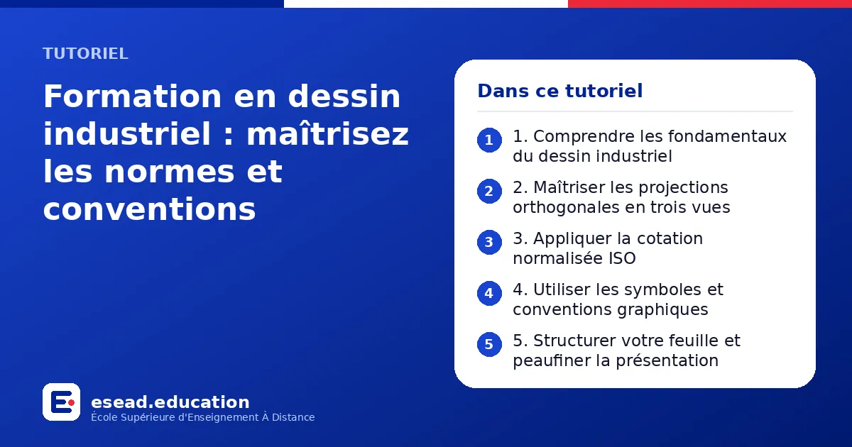 Infographie : Formation en dessin industriel : maîtrisez les normes et conventions — 1. 1. Comprendre les fondamentaux du dessin industriel ; 2. 2. Maîtriser les projections orthogonales en trois vues ; 3. 3. Appliquer la cotation normalisé