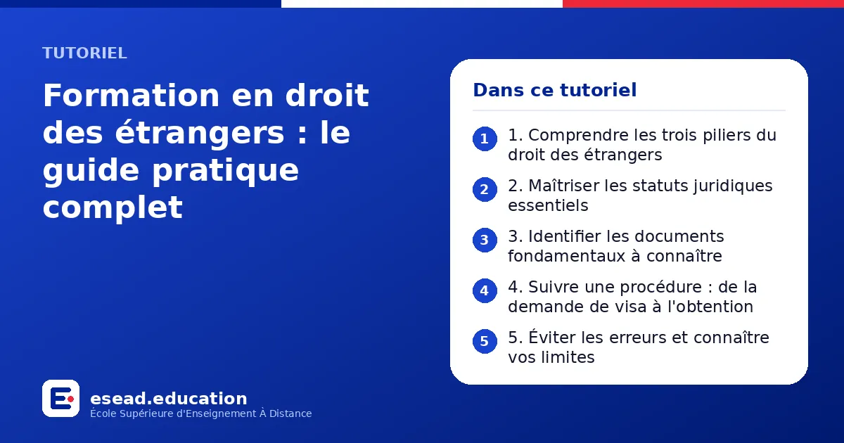 Infographie : Formation en droit des étrangers : le guide pratique complet — 1. 1. Comprendre les trois piliers du droit des étrangers ; 2. 2. Maîtriser les statuts juridiques essentiels ; 3. 3. Identifier les documents fondamentaux à conna