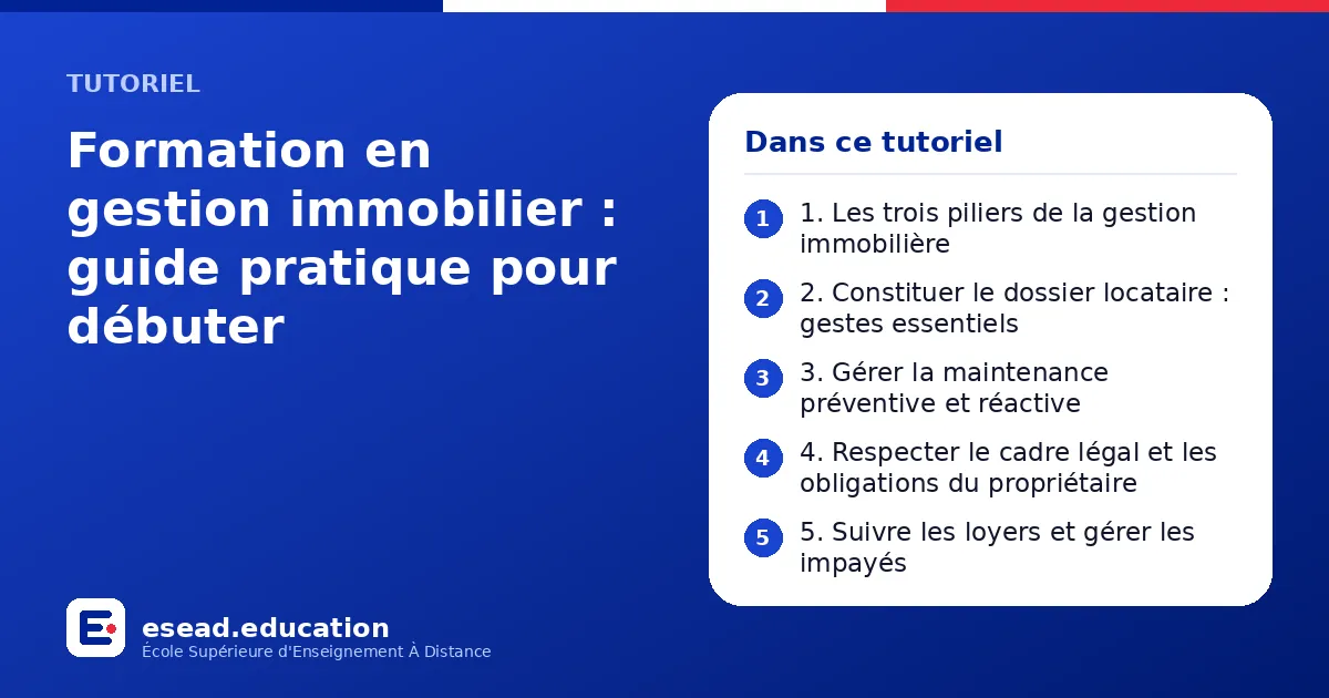 Infographie : Formation en gestion immobilier : guide pratique pour débuter — 1. 1. Les trois piliers de la gestion immobilière ; 2. 2. Constituer le dossier locataire : gestes essentiels ; 3. 3. Gérer la maintenance préventive et réactive