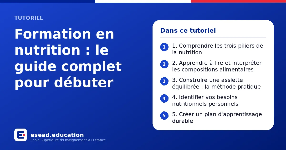 Infographie : Formation en nutrition : le guide complet pour débuter — 1. 1. Comprendre les trois piliers de la nutrition ; 2. 2. Apprendre à lire et interpréter les compositions alimentaires ; 3. 3. Construire une assiette équilibrée : la 