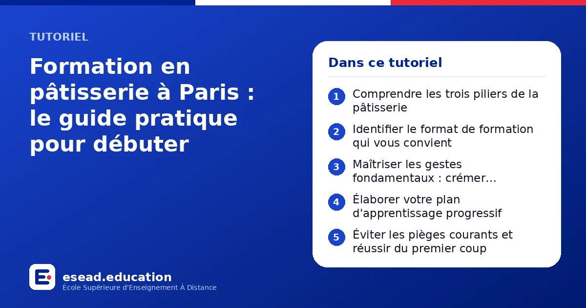 Infographie : Formation en pâtisserie à Paris : le guide pratique pour débuter — 1. Comprendre les trois piliers de la pâtisserie ; 2. Identifier le format de formation qui vous convient ; 3. Maîtriser les gestes fondamentaux : crémer, temp