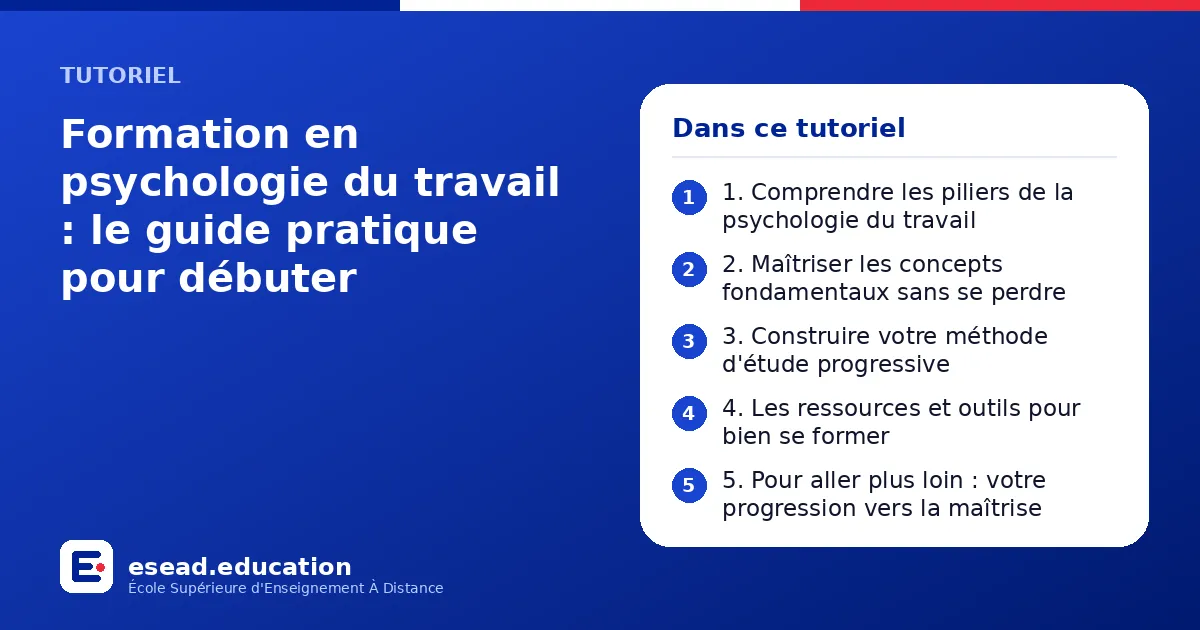 Infographie : Formation en psychologie du travail : le guide pratique pour débuter — 1. 1. Comprendre les piliers de la psychologie du travail ; 2. 2. Maîtriser les concepts fondamentaux sans se perdre ; 3. 3. Construire votre méthode d'étu
