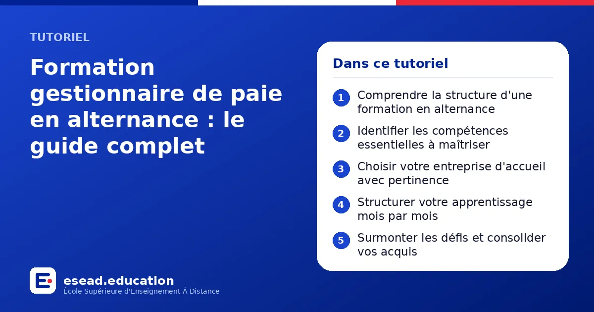 Infographie : Formation gestionnaire de paie en alternance : le guide complet — 1. Comprendre la structure d'une formation en alternance ; 2. Identifier les compétences essentielles à maîtriser ; 3. Choisir votre entreprise d'accueil avec p
