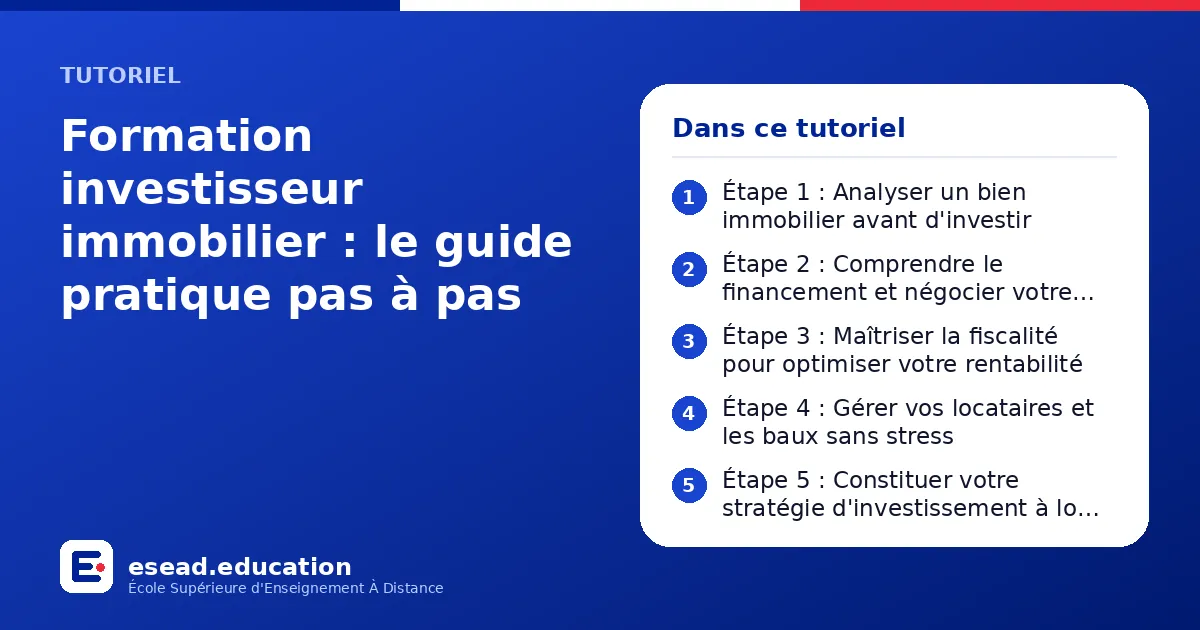 Infographie : Formation investisseur immobilier : le guide pratique pas à pas — 1. Étape 1 : Analyser un bien immobilier avant d'investir ; 2. Étape 2 : Comprendre le financement et négocier votre crédit ; 3. Étape 3 : Maîtriser la fiscalit
