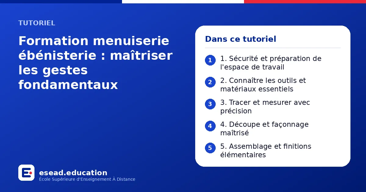 Infographie : Formation menuiserie ébénisterie : maîtriser les gestes fondamentaux — 1. 1. Sécurité et préparation de l'espace de travail ; 2. 2. Connaître les outils et matériaux essentiels ; 3. 3. Tracer et mesurer avec précision ; 4. 4.