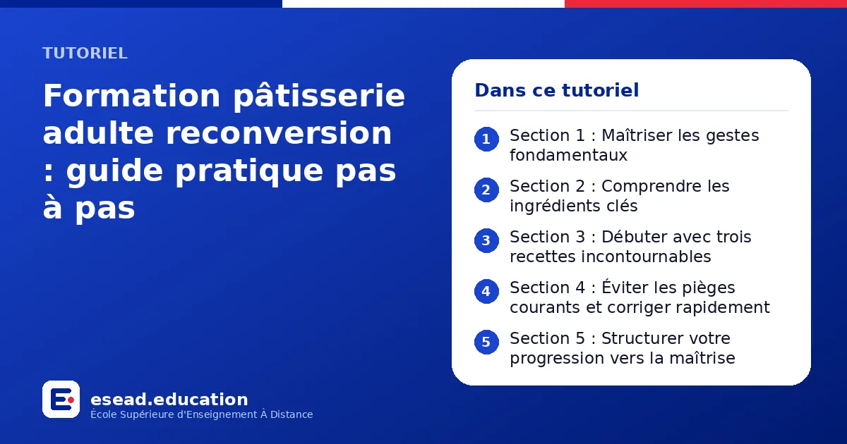 Infographie : Formation pâtisserie adulte reconversion : guide pratique pas à pas — 1. Section 1 : Maîtriser les gestes fondamentaux ; 2. Section 2 : Comprendre les ingrédients clés ; 3. Section 3 : Débuter avec trois recettes incontournabl