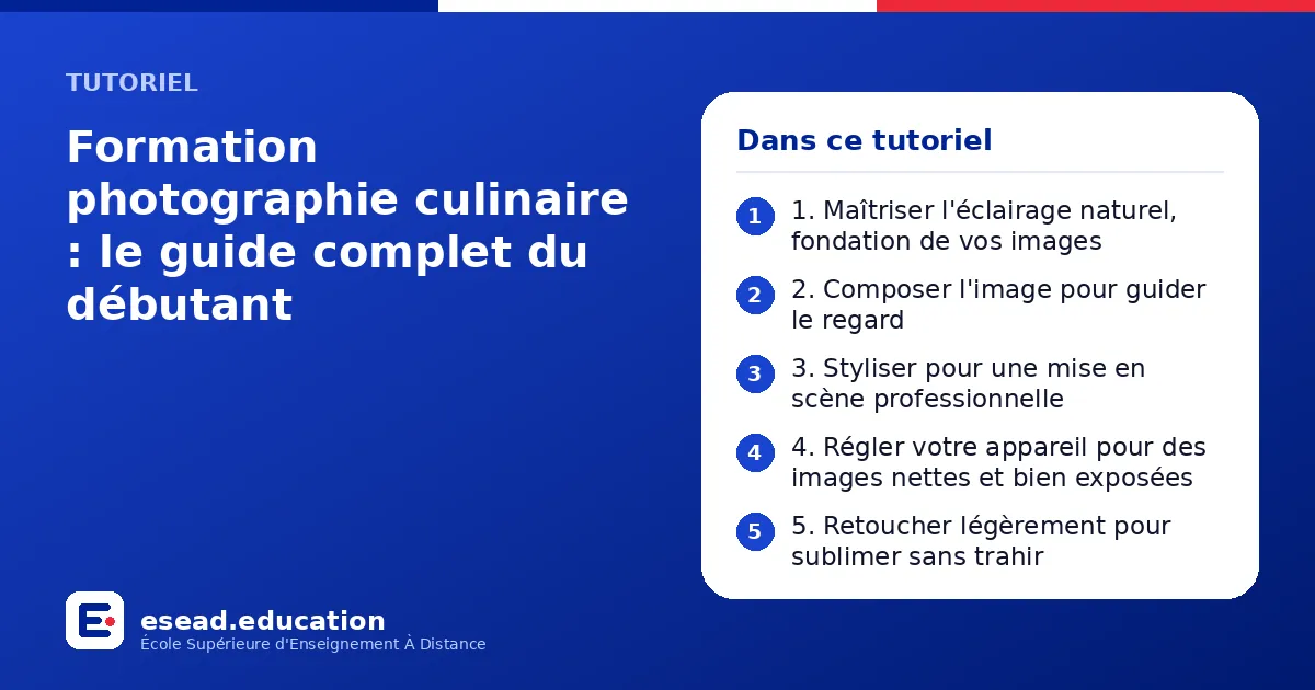 Infographie : Formation photographie culinaire : le guide complet du débutant — 1. 1. Maîtriser l'éclairage naturel, fondation de vos images ; 2. 2. Composer l'image pour guider le regard ; 3. 3. Styliser pour une mise en scène professionne