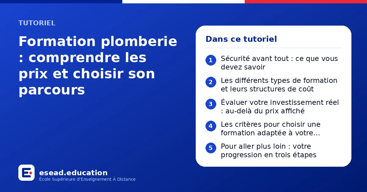 Infographie : Formation plomberie : comprendre les prix et choisir son parcours — 1. Sécurité avant tout : ce que vous devez savoir ; 2. Les différents types de formation et leurs structures de coût ; 3. Évaluer votre investissement réel : 