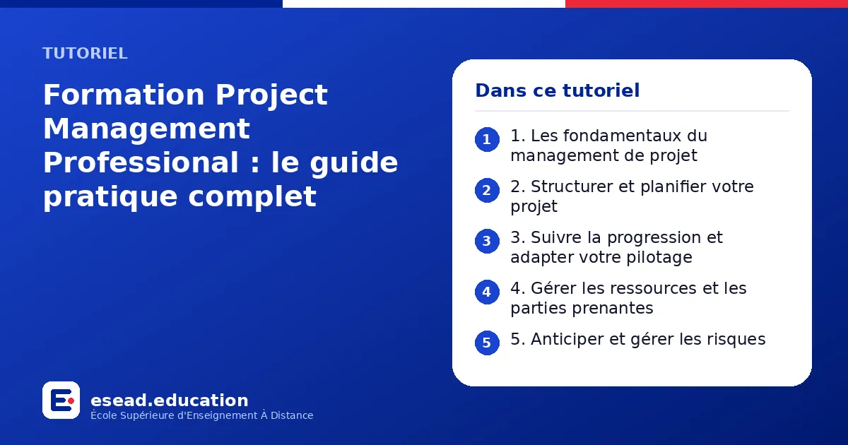 Infographie : Formation Project Management Professional : le guide pratique complet — 1. 1. Les fondamentaux du management de projet ; 2. 2. Structurer et planifier votre projet ; 3. 3. Suivre la progression et adapter votre pilotage ; 4. 4