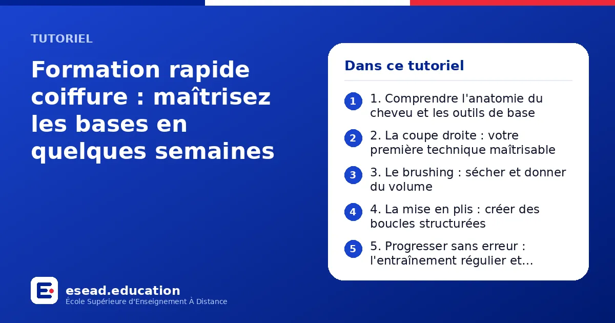 Infographie : Formation rapide coiffure : maîtrisez les bases en quelques semaines — 1. 1. Comprendre l'anatomie du cheveu et les outils de base ; 2. 2. La coupe droite : votre première technique maîtrisable ; 3. 3. Le brushing : sécher et