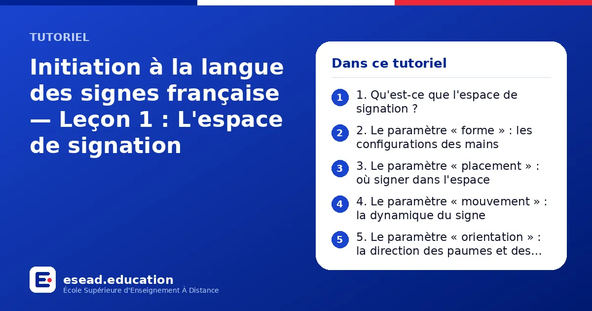 Infographie : Initiation à la langue des signes française — Leçon 1 : L'espace de signation — 1. 1. Qu'est-ce que l'espace de signation ? ; 2. 2. Le paramètre « forme » : les configurations des mains ; 3. 3. Le paramètre « placement » : où