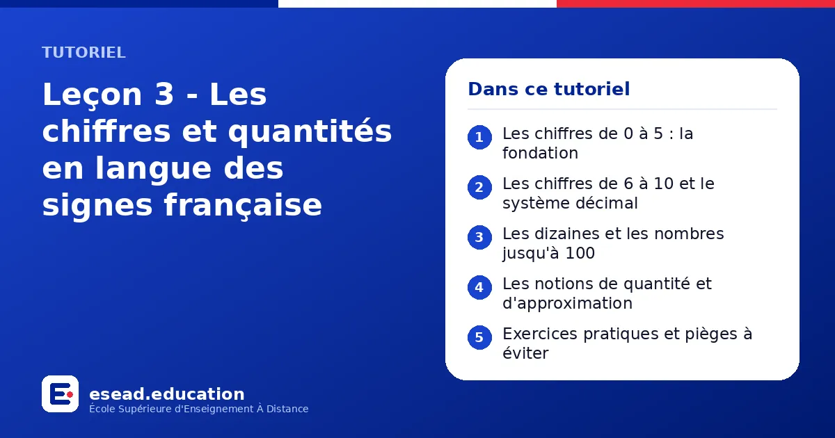 Infographie : Leçon 3 - Les chiffres et quantités en langue des signes française — 1. Les chiffres de 0 à 5 : la fondation ; 2. Les chiffres de 6 à 10 et le système décimal ; 3. Les dizaines et les nombres jusqu'à 100 ; 4. Les notions de qu