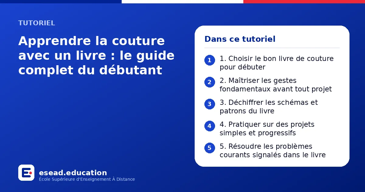 Infographie : Apprendre la couture avec un livre : le guide complet du débutant — 1. 1. Choisir le bon livre de couture pour débuter ; 2. 2. Maîtriser les gestes fondamentaux avant tout projet ; 3. 3. Déchiffrer les schémas et patrons du li